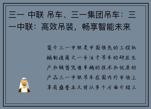 三一 中联 吊车、三一集团吊车：三一中联：高效吊装，畅享智能未来