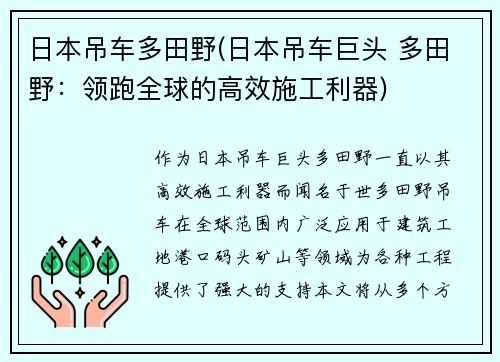 日本吊车多田野(日本吊车巨头 多田野：领跑全球的高效施工利器)